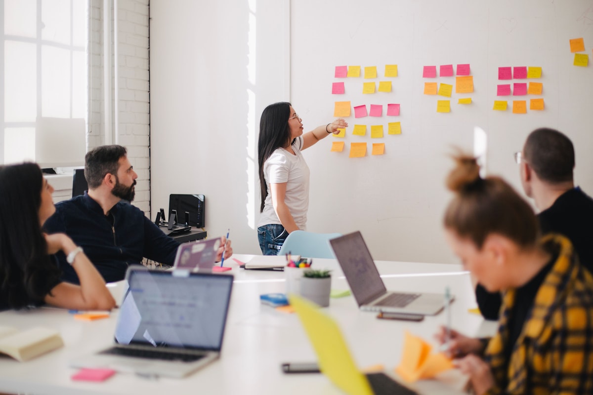 Team planning product strategy on a whiteboard